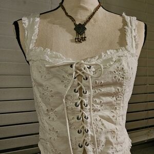 Urban Outfitters White Lace-Up Eyelet Top With Chicos Necklace Gift.